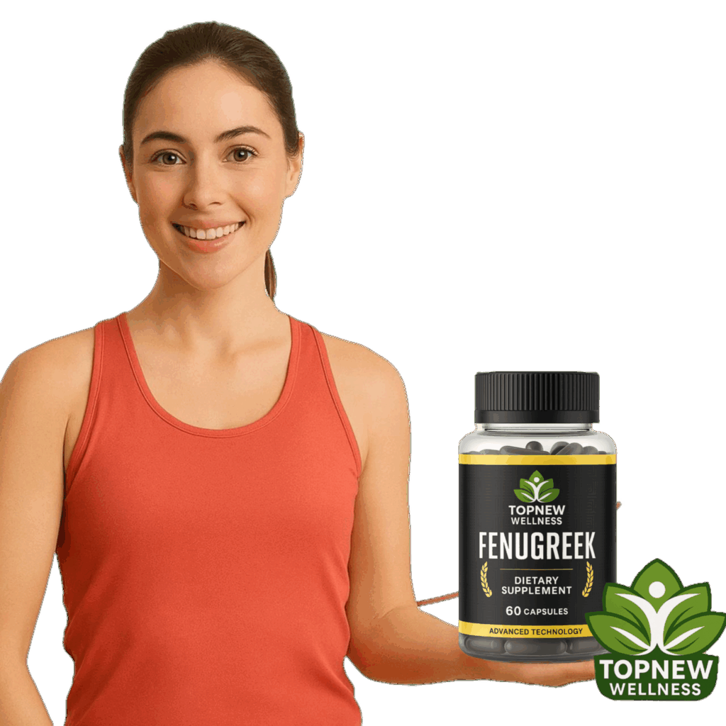 Smiling woman in a sports top holding TopNew Fenugreek capsules