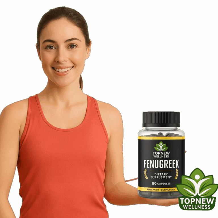 Smiling woman in a sports top holding TopNew Fenugreek capsules