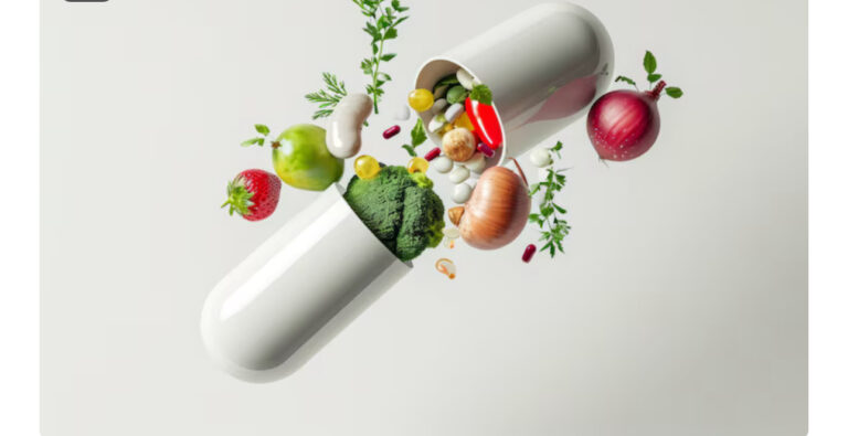Supplement capsule surrounded by fresh vegetables and fruit