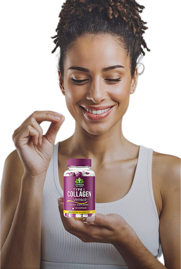 Woman smiling and holding TopNew Type I Collagen capsules