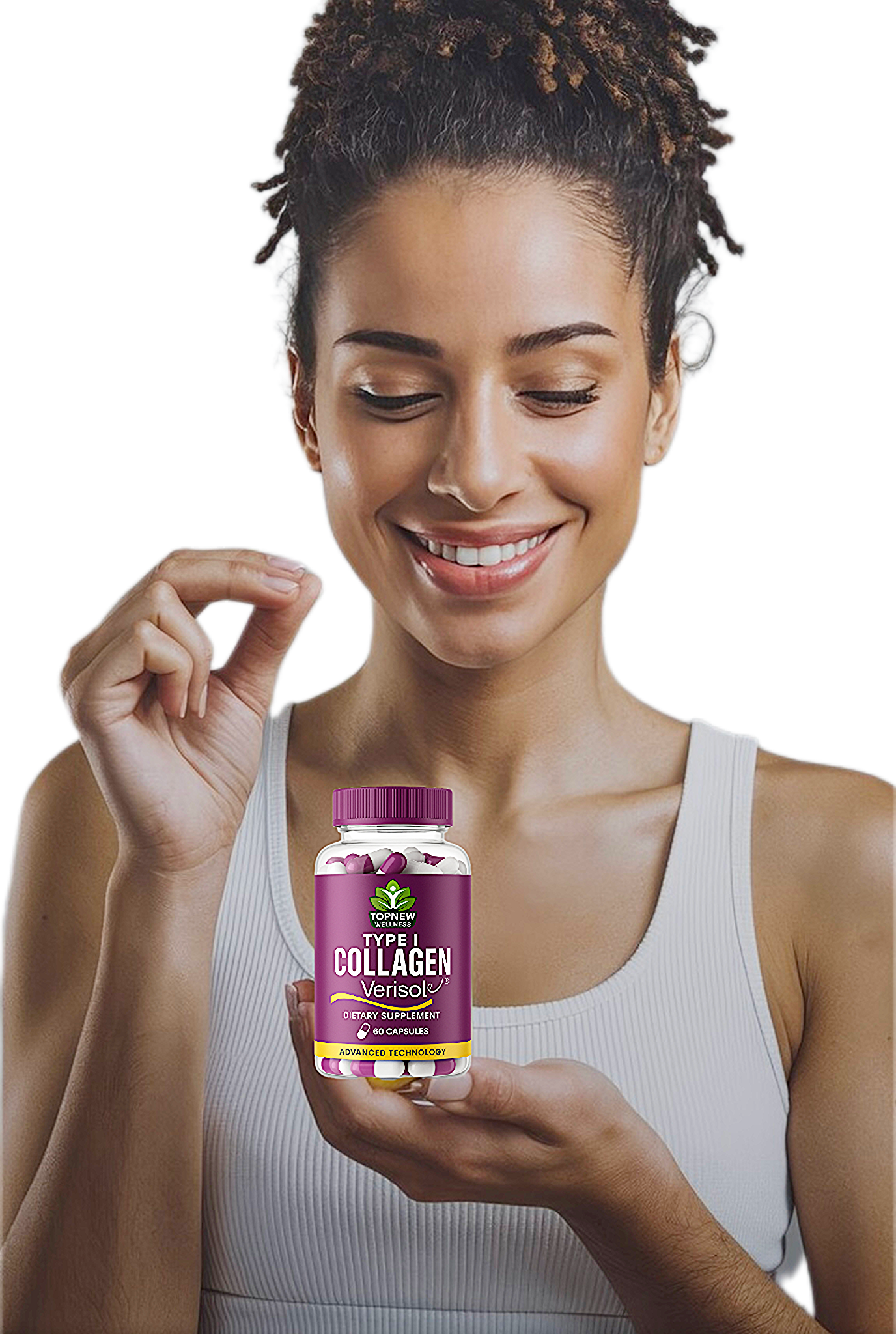 Woman smiling and holding TopNew Type I Collagen capsules