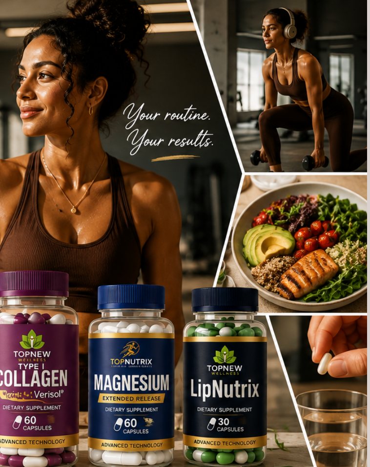 Woman training in a gym with TopNew Collagen, Magnesium and LipNutrix supplements beside a healthy salmon salad